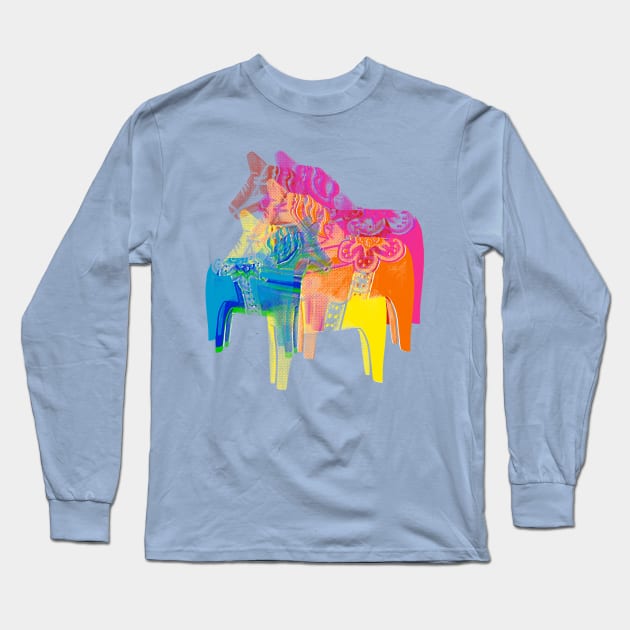 Dala horses screenprint - colorful swedish christmas design Long Sleeve T-Shirt by heyK